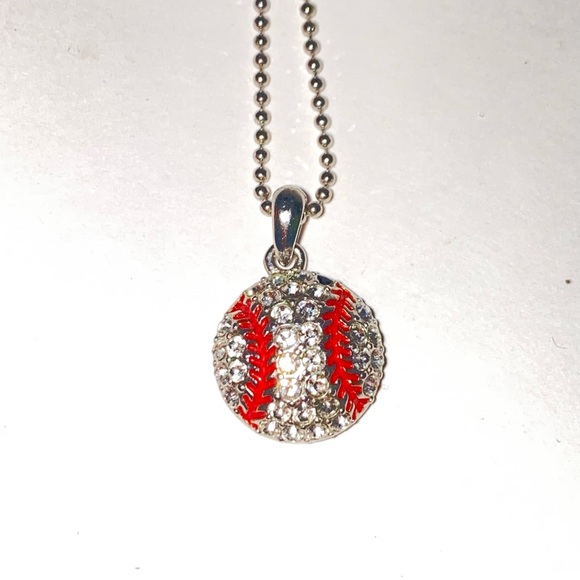 Clear Crystal Baseball Pendant on Silvertone Ball Chain Necklace - Picture 9 of 10